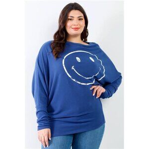 Plus Size Smile Front Print Flannel Dolman Sleeve Top